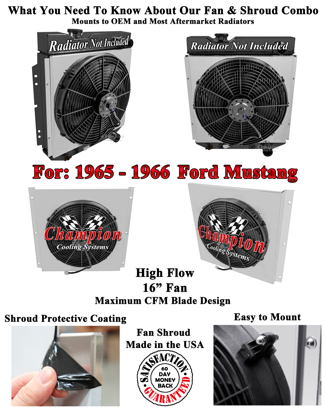SZ Champion Fan Shroud W/ 16" Fan for 1965 1966 Ford Mustang V8 Conversion