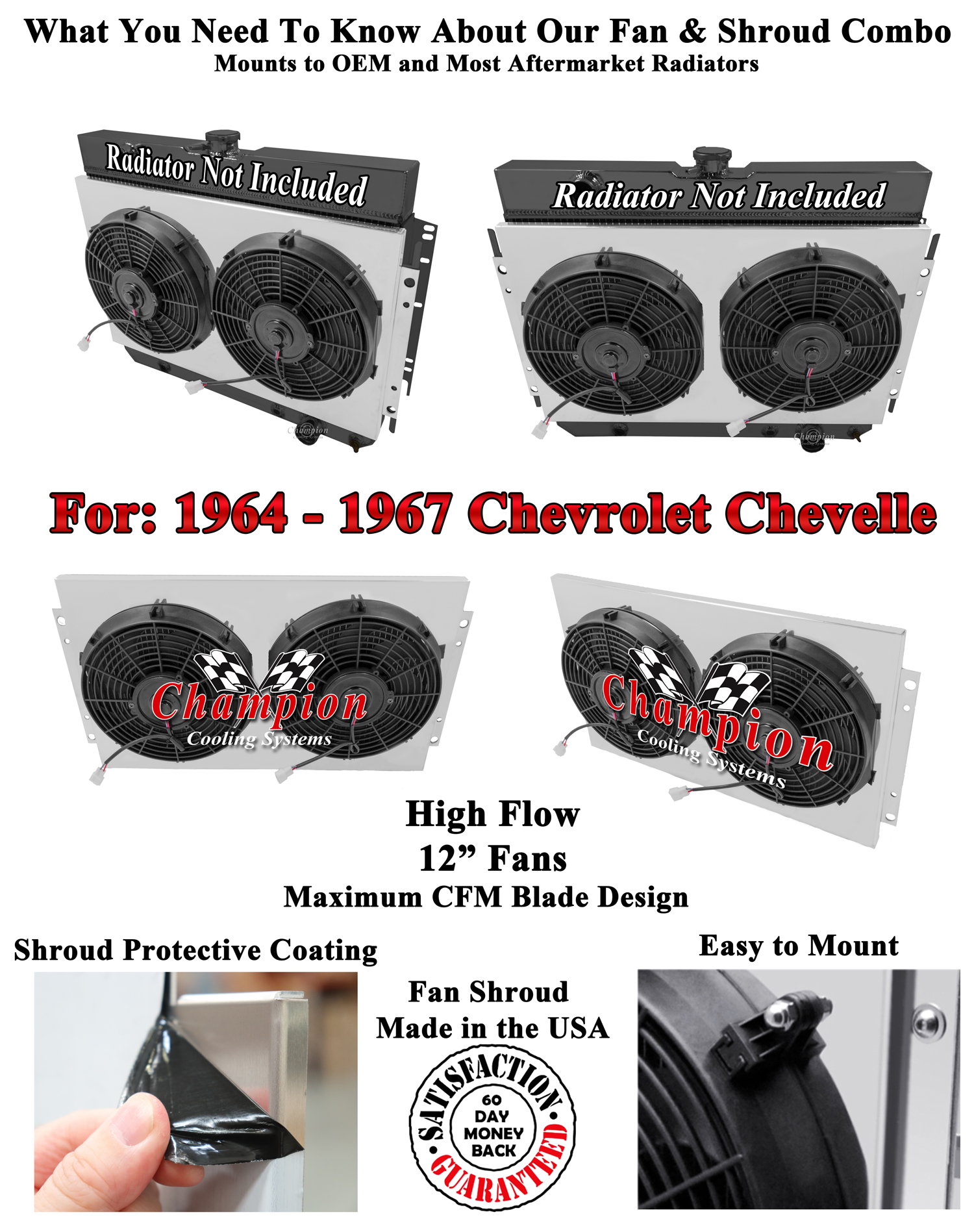 PR Champion Fan Shroud W/ 12" Fans for 1964 - 1967 Chevrolet Chevelle V8 Engine