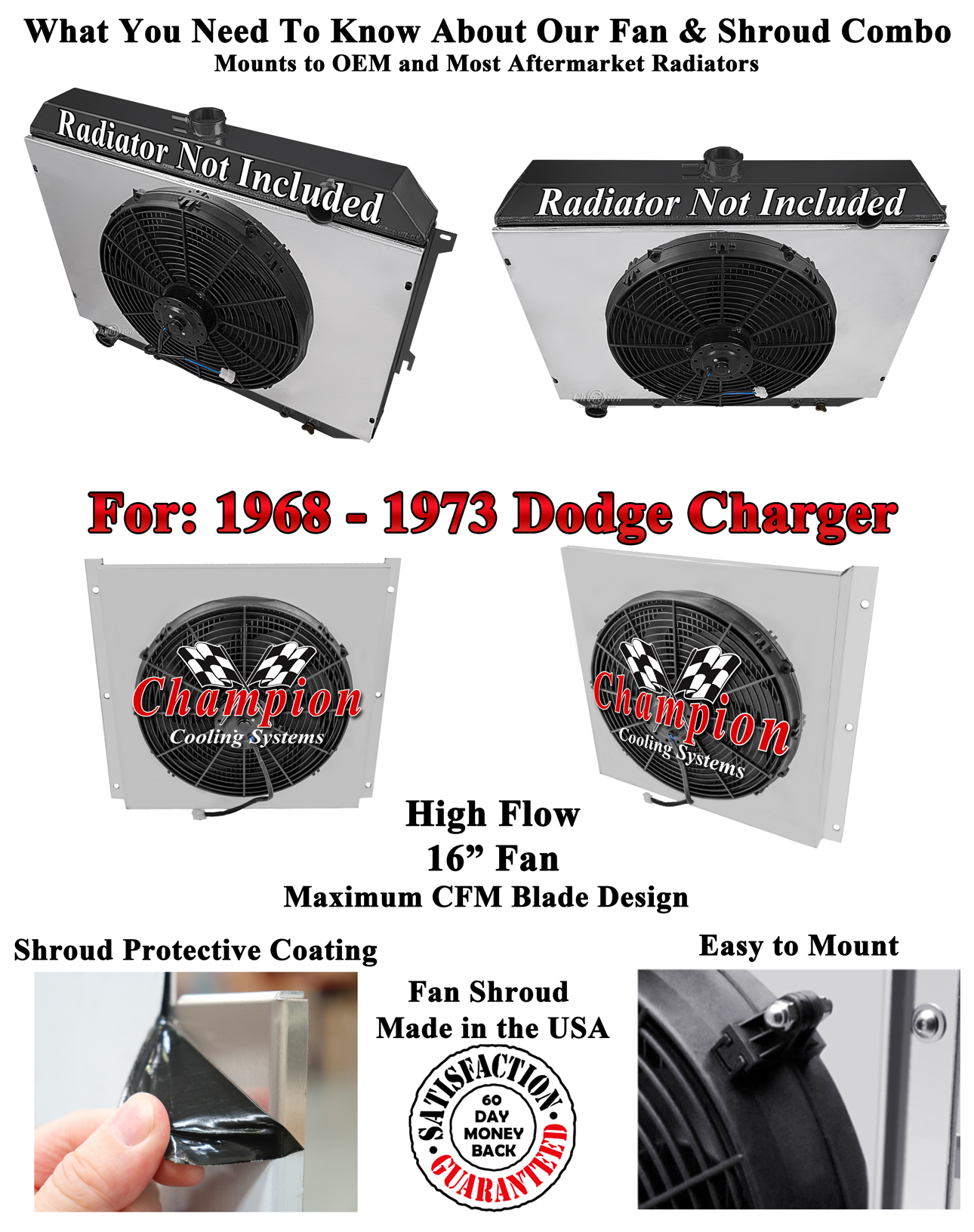 RN Champion Fan Shroud W/ 16" Fan for 1968 - 1973 Dodge Charger Big Block Engine