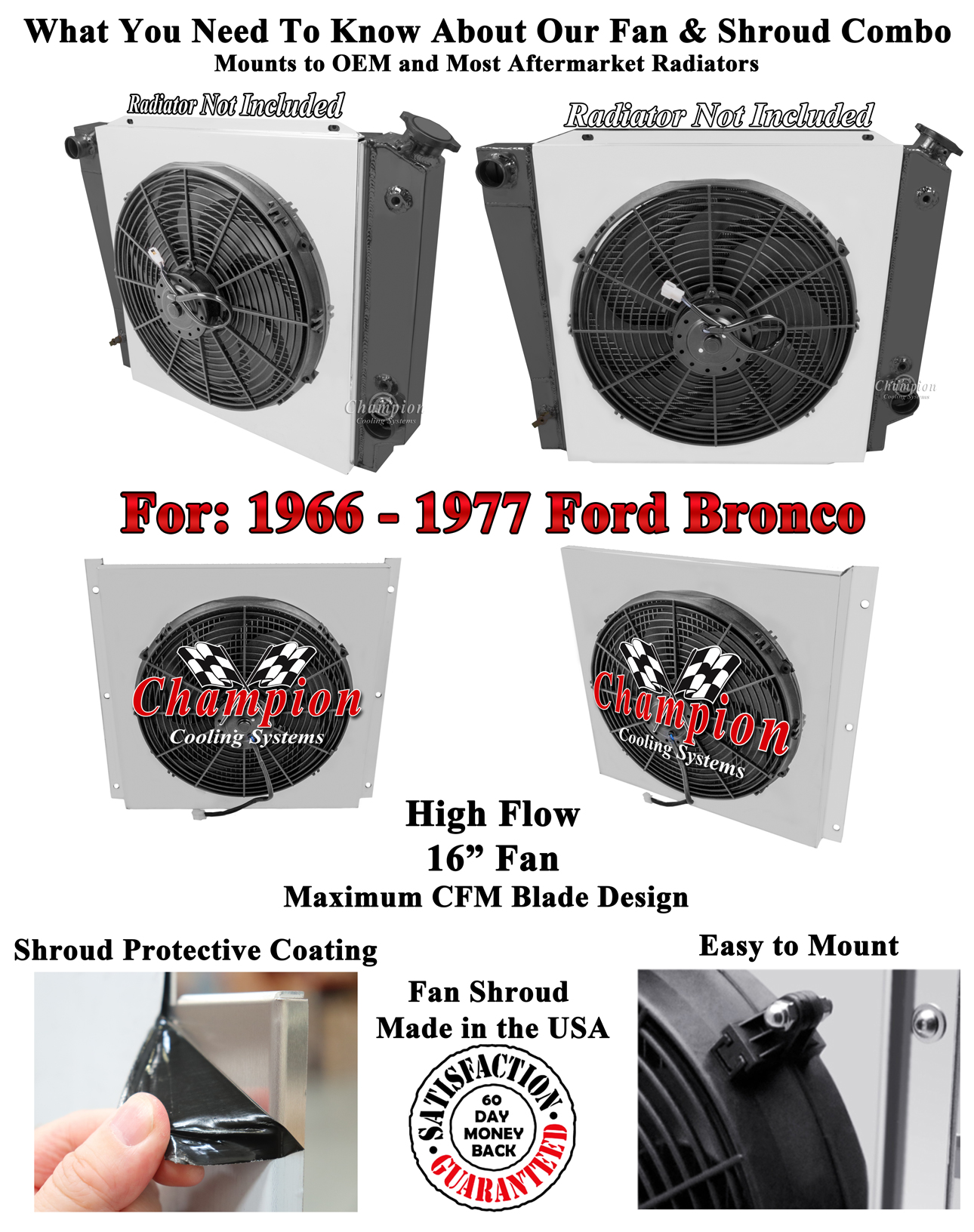 SR Champion Fan Shroud W/ 16" Fan for 1966 - 1977 Ford Bronco V8 Engine